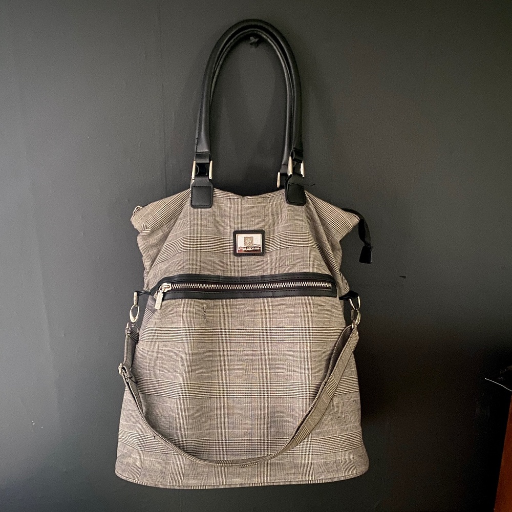 ANNE KLEIN Black & White Plaid Large Convertible Bucket Bag